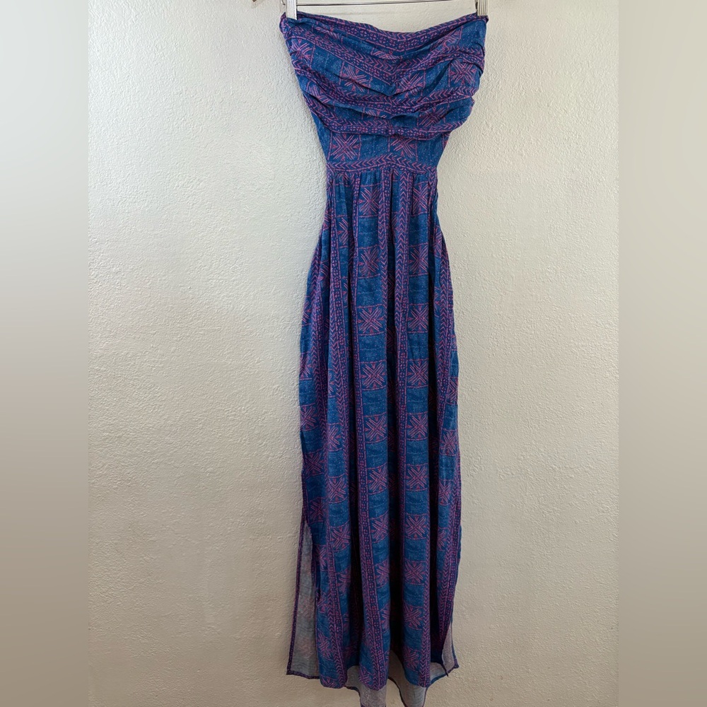 Free People Women Payton Maxi Dress Strapless Blue Pink Printed Dress Size M - Picture 8 of 9